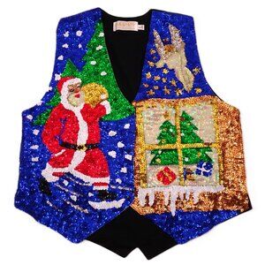 Christmas Sequin Vest Large Ugly Sweater Party Santa Angel Tree Handcrafted L Ho